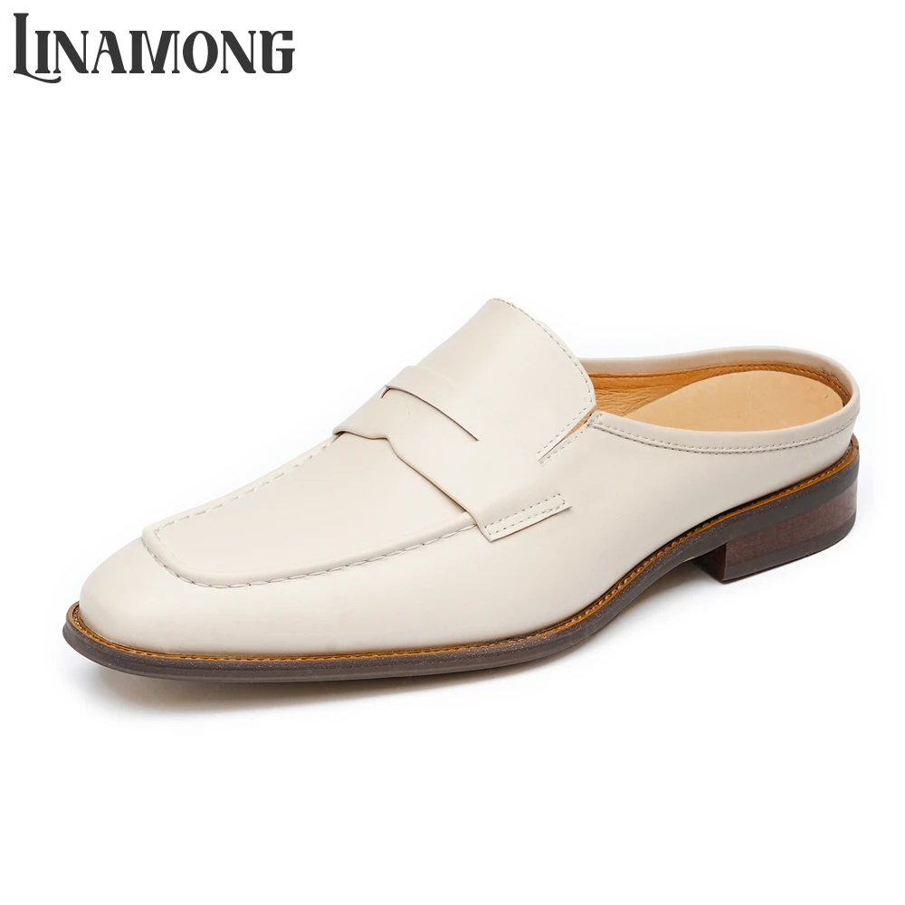 Men Shoes Elegant - Beige Leather Loafer Slippers Closed Toe